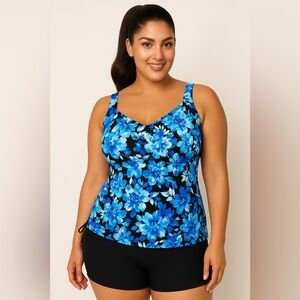 Aquabelle Floral Bue, Purple, and Black Women’s Swim Tankini Top